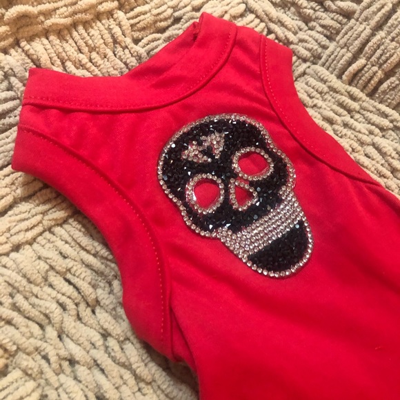 Skull crystal dog rhinestone red dress tshirt large - Picture 1 of 2